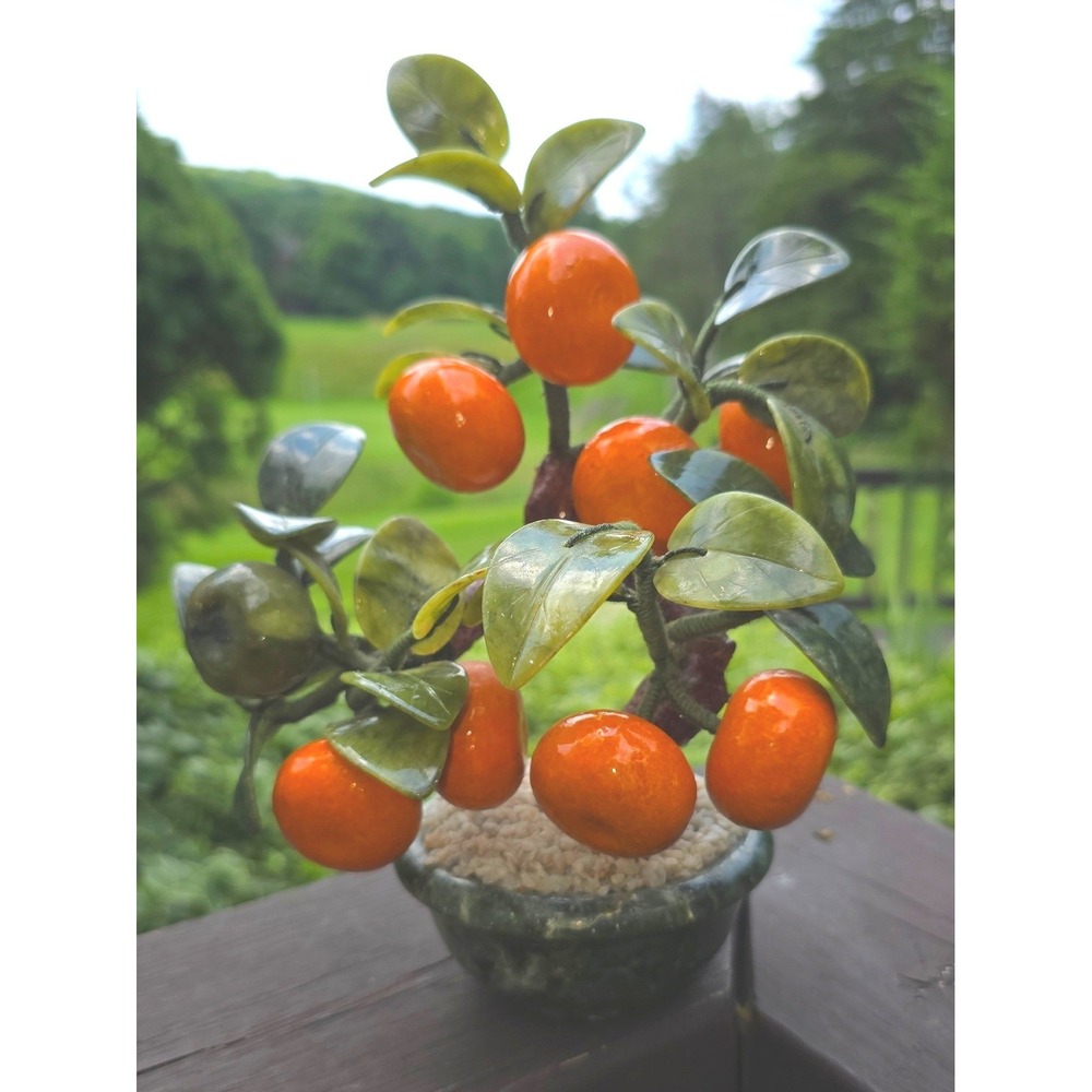 Vintage Chinese Glass Jade Agate Orange Persimmon Bonsai Tree Carved Pot - Picture 2 of 9